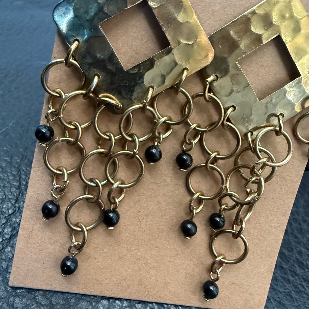 Hammered Gold and Black Dangle Earrings
